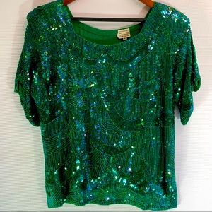 GREEN SEQUIN SILK TOP